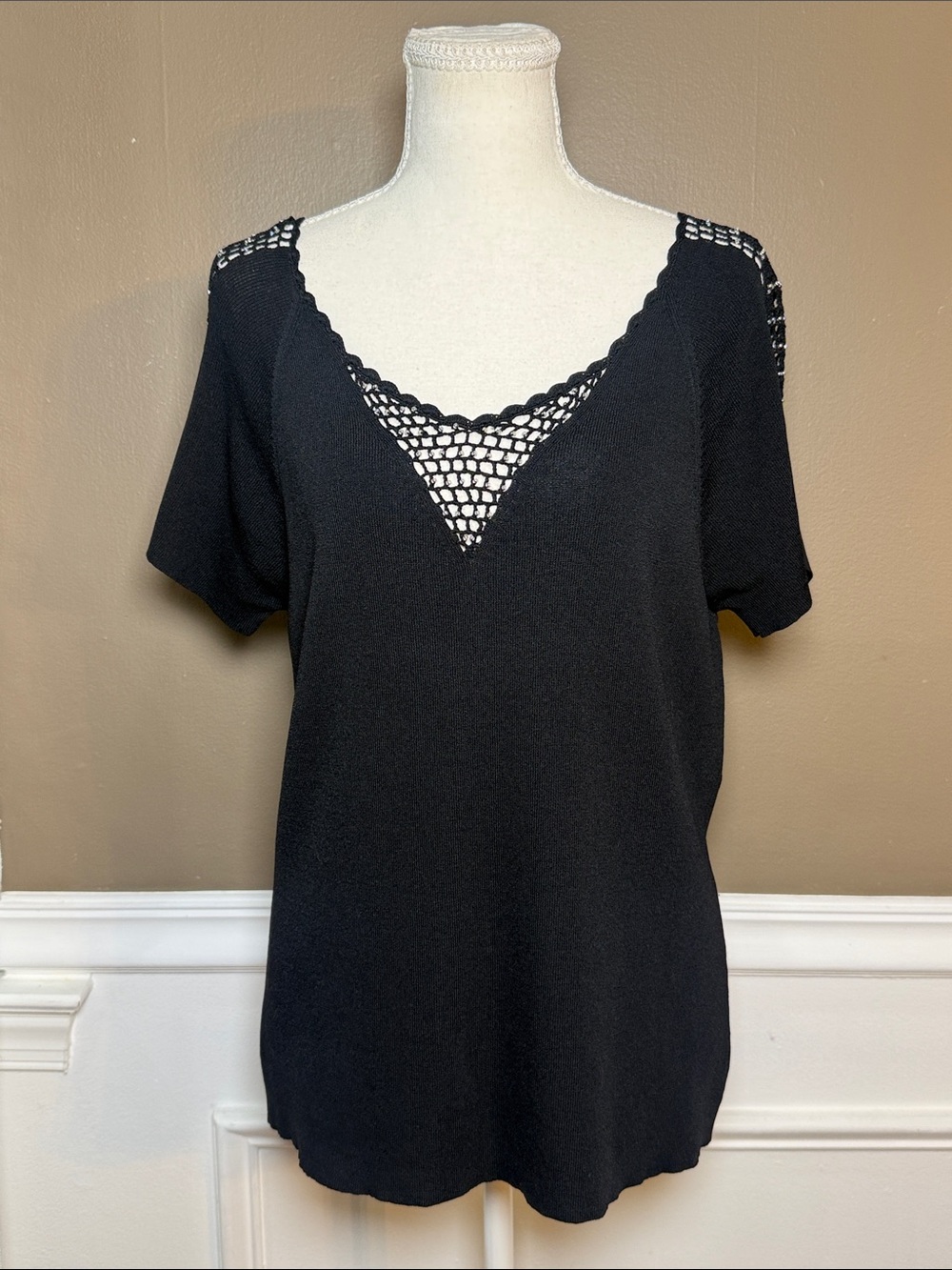 Carducci Beaded Crochet Trim Sweater Top XL Y2K Black Stretch‎ Knit